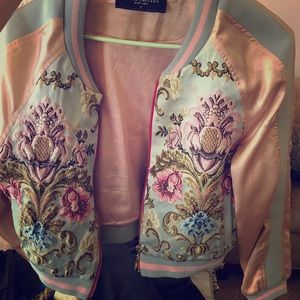 Akira embroidered bomber jacket pink baby blue